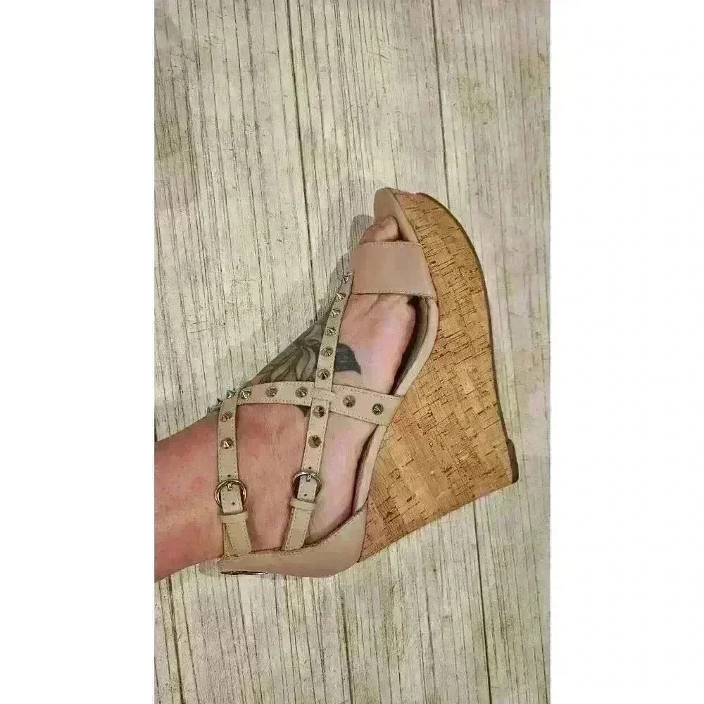 Marc Fisher Beige‎ Studded Strap Wedge Sandals Women’s Size 10M